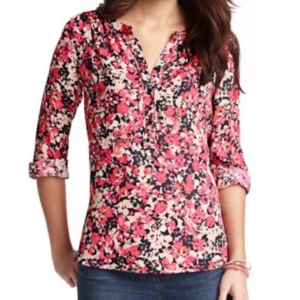 Loft Womens Petites Pink Floral Blouse Long Sleeves Split Neck size XSP